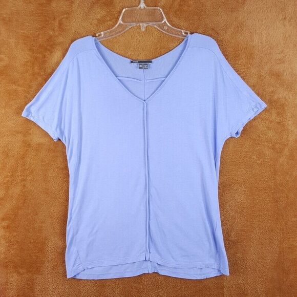 VINCE Womens Top XS Blue Pullover VNeck VNeck Rayon Stretch Short Sleeve - Picture 1 of 8